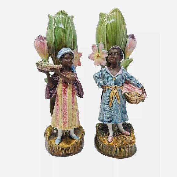 Pair Antique Victorian 19th Century French Barbotine Majolica Blackamoor Vases - Picture 1 of 9